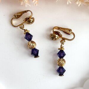 Avant Garde Rich Purple Beaded Gold Toned Vintage Dangle Clip On Earrings